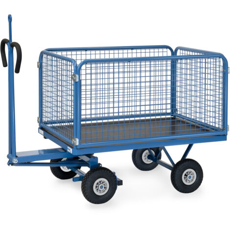 Fetra Handpritschenwagen 700kg Tragkraft mit Zugöse an der Deichsel, Drahtgitterwänden 600 mm hoch Luft-Bereifung 1200x800 mm