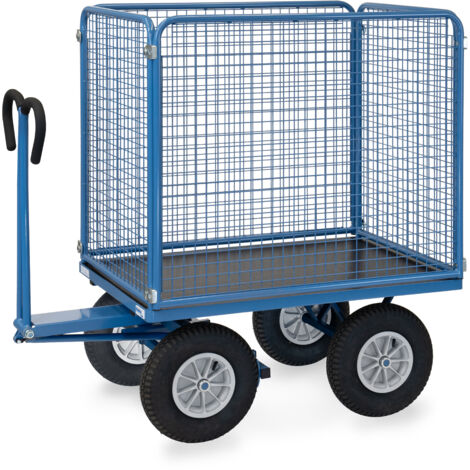 Fetra Handpritschenwagen mit Drahtgitterwänden 1000 mm hoch, Luft-Bereifung, 1200x800 mm