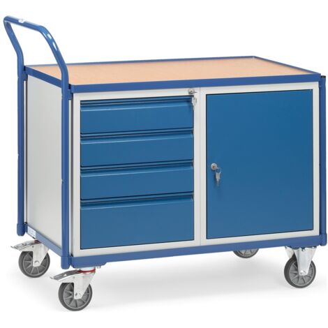 fetra Tischwagen, 1 Holz-Plattform, Ladefläche 1000 x 600 mm, 4 Schubladen, 1 verschließbarer Stahlschrank