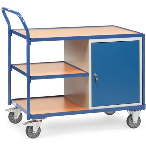 fetra Tischwagen, 3 Holz-Plattformen, Ladefläche 1000 x 600 mm, mit verschließbarem Stahlschrank