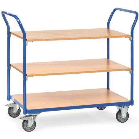 fetra Tischwagen, 3 Holz-Plattformen, Ladefläche 1000 x 600 mm, Schiebegriffe hochstehend