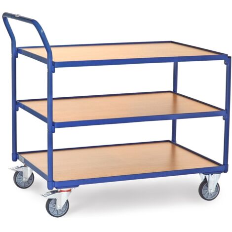 fetra Tischwagen, 3 Holz-Plattformen, Ladefläche 1000 x 700 mm, mit Rand, Schiebegriff hochstehend