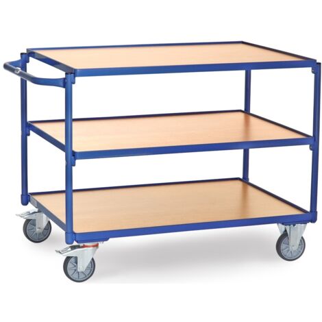 fetra Tischwagen, 3 Holz-Plattformen, Ladefläche 1000 x 700 mm, mit Rand, Schiebegriff waagrecht