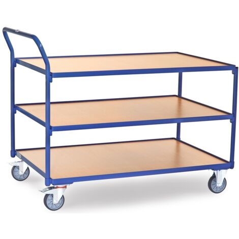 fetra Tischwagen, 3 Holz-Plattformen, Ladefläche 1200 x 800 mm, mit Rand, Schiebegriff hochstehend