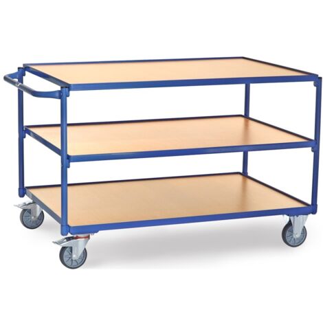 fetra Tischwagen, 3 Holz-Plattformen, Ladefläche 1200 x 800 mm, mit Rand, Schiebegriff waagerecht