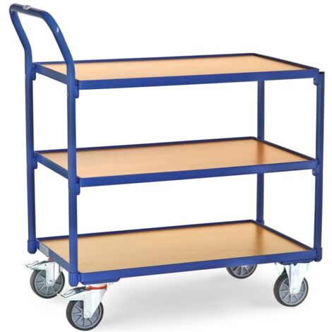 fetra Tischwagen, 3 Holz-Plattformen, Ladefläche 850 x 500 mm, mit Rand 12 mm, Schiebegriff hochstehend