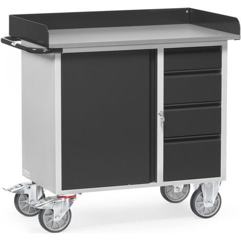 fetra Werkstattwagen, Ladefläche  985 x 590 mm, anthrazitgrau, 1 Türe, 4 Schubladen, Arbeitsfläche mit Rand
