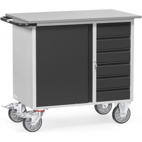 fetra Werkstattwagen, Ladefläche  985 x 590 mm, anthrazitgrau, 1 Türe, 6 Schubladen