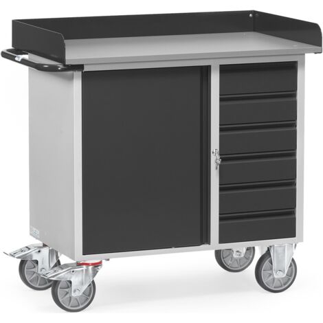 fetra Werkstattwagen, Ladefläche  985 x 590 mm, anthrazitgrau, 1 Türe, 6 Schubladen, Arbeitsfläche mit Rand