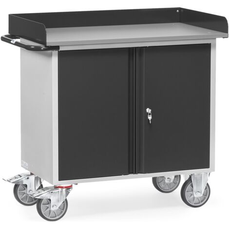 fetra Werkstattwagen, Ladefläche  985 x 590 mm, anthrazitgrau, 2 Türen, Arbeitsfläche mit Rand
