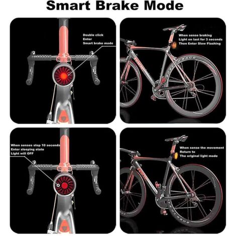 Feu arrière de vélo, feu stop intelligent rechargeable USB, 5 modes d'éclairage rouge haute intensité, étanche, lampe LED pour casque et sac à dos.