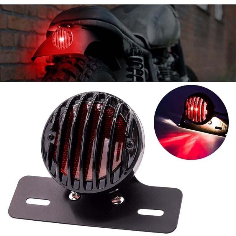 Trimec - Feu Arrière Rond Noir pour Moto - Avec Support de Plaque d'Immatriculation, 12V
