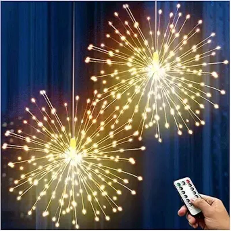 Feu d'artifice 200 LED en fil de cuivre Starburst Light, décorations de plafond suspendues blanc chaud pour chambre à coucher, Noël, fête Lot de 2