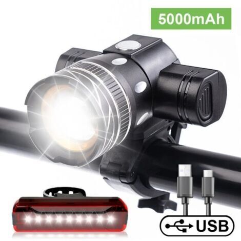 Feu de vélo 5000 lumens, rechargeable, étanche, lampe LED haute luminosité (6 heures d'autonomie), idéal pour la pratique du cyclisme sur route, en montagne et en ville, avec 3 modes de fonctionnement