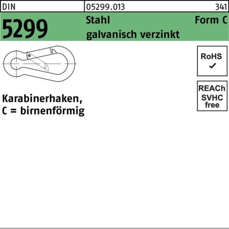 Feuerwehrkarabinerhaken DIN 5299 Form C birnenförmig C 60 x 6 Stahl galvanisch verzinkt