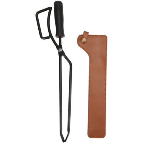 Feuerzange für Kamine und Grills, curryfarbene Schutzgriffe, Edelstahl