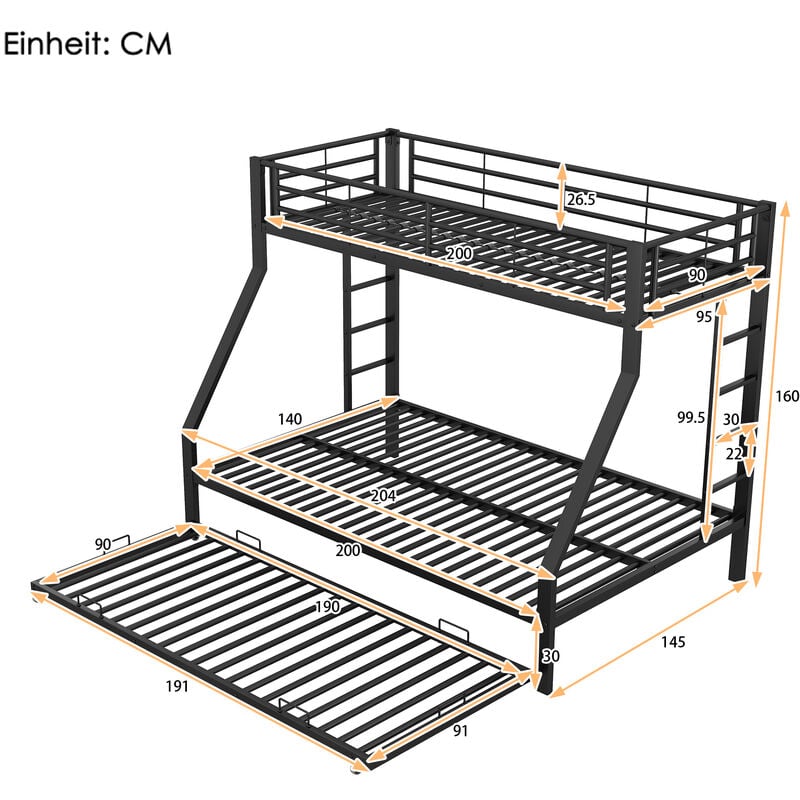 L&h-cfcahl - 90(140)x200cm Lit superposé, lit métallique à rallonges,avec échelle des deux côtés pour enfants, adolescents, adultes, facile à
