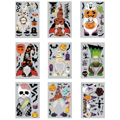 feuilles d'autocollants décoratifs pour fenêtres : gnomes d'Halloween, citrouilles, chauves-souris et fantômes