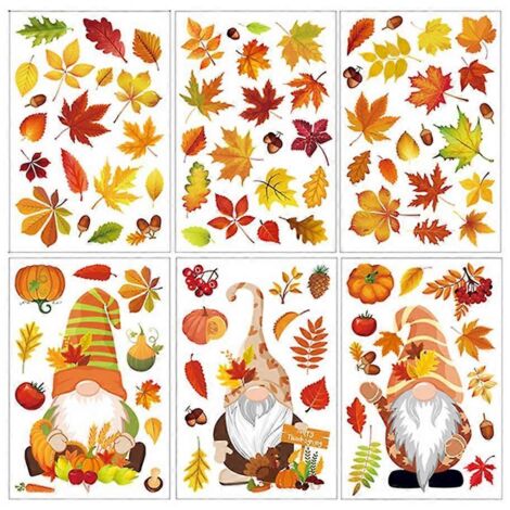 feuilles d'autocollants muraux électrostatiques « Gnomes de Thanksgiving d'automne » avec citrouille et feuille d'érable