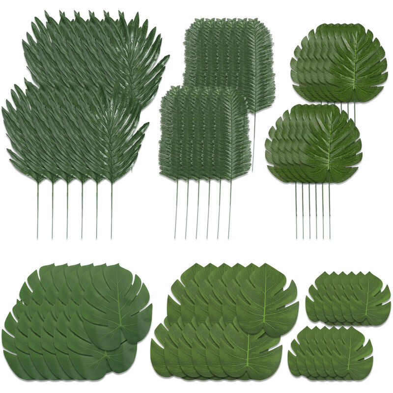 Relaxdays - feuilles de palmier artificielles, lot de 72, monstera, palmier, fougère, décoration fête jungle, safari, vert