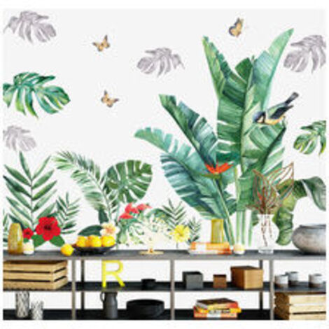 Feuilles de Palmier Autocollant Mural Verte Plante Stickers Muraux Feuilles Tropicales Décoration Murale pour Chambre Salon TV Fo