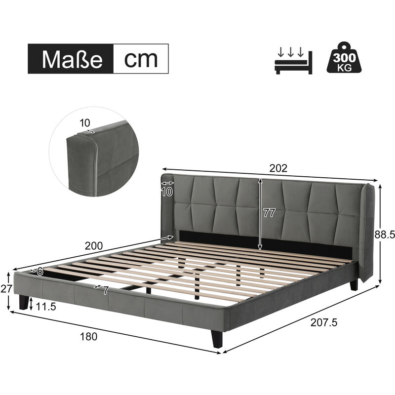L&h-cfcahl - Lit rembourré 180x200 avec sommier à lattes et tête de lit, lit pour adolescents, pour adultes & adolescents, support de lattes en bois,