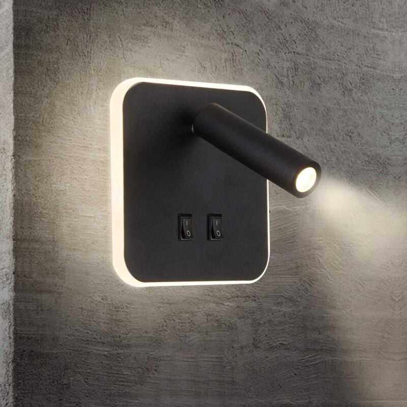 Feux de chevet led Lampe murale hotel intérieur Lumières mural lit Lampe murale couloir avec interrupteur Noir 3W + 10W (Carré) [Classe énergétique