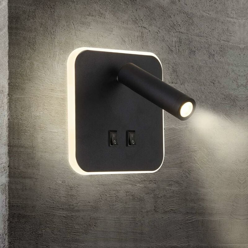 Feux de chevet led Lampe murale hotel intérieur Lumières mural lit Lampe murale couloir avec interrupteur Noir 3W + 10W (Carré) [Classe énergétique