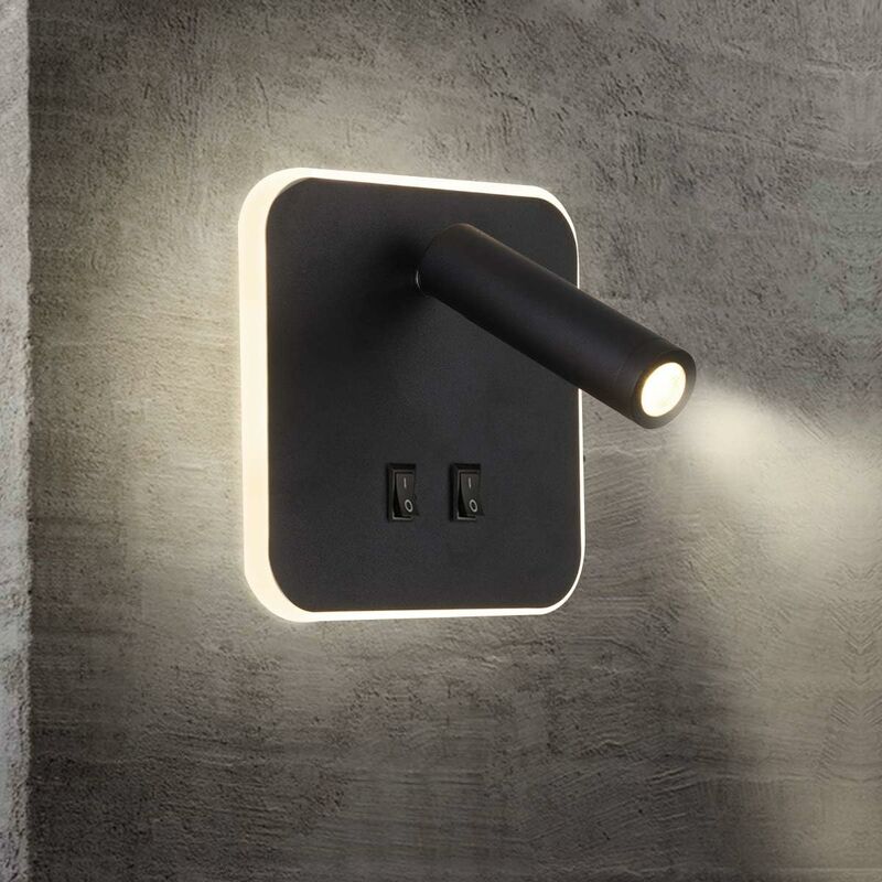 Ensoleille - Feux de chevet led Lampe murale hotel intérieur Lumières mural lit Lampe murale couloir avec interrupteur Noir 3W + 10W (Carré) [Classe