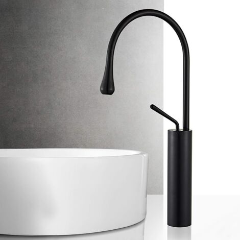 Feyfunns Mitigeur de lavabo monocommande revêtu  Monocommande  Robinet monocommande à bec long  Mitigeur eau chaude/eau froide pour salle de bain, cuisine et lavabo (Noir)