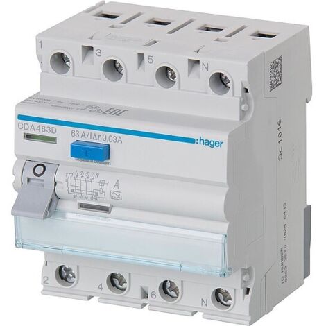 FI-Schutzschalter Hager, 63A 30 mA, 4p, CDA463D