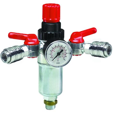FIAC Regolatore di Pressione con Manometro, Filtro, 2xRaccordo Universale, Raccordo 3/8" M, Press. Max 12 Bar, Portata 180 l/min. Ideale per montaggio su serbatoio compressore