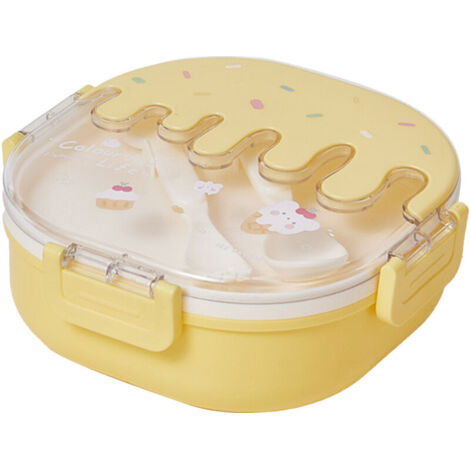 Fiambrera Bento para niños y adultos, 3 compartimentos, plástico, divertido diseño de helado, con tenedor y cuchara, ideal para la escuela, el trabajo y los viajes, color amarillo.