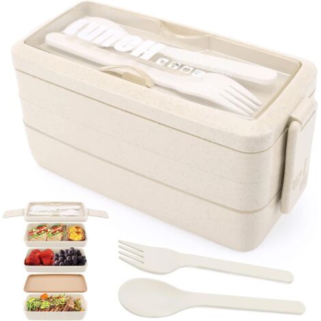 Fiambrera de 3 capas, 4 en 1, con tenedor y cuchara, contenedor de alimentos de 1000 ml para hombres, mujeres y estudiantes, apta para microondas y lavavajillas (beige)