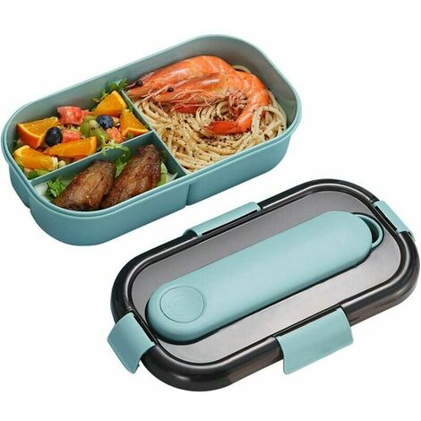 Fiambrera de 3 Compartimentos con Cubiertos, Fiambrera Bento a Prueba de Fugas, Fiambrera Bento con Cubiertos, Contenedor de Alimentos con Cuchara, Tenedor, Adecuado para Comida para Llevar (Azul)