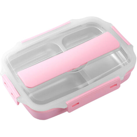 Fiambrera portátil de acero inoxidable 304 a prueba de fugas para calentar en microondas, recipientes de comida divididos con cuchara y palillos (rosa, 4 rejillas)