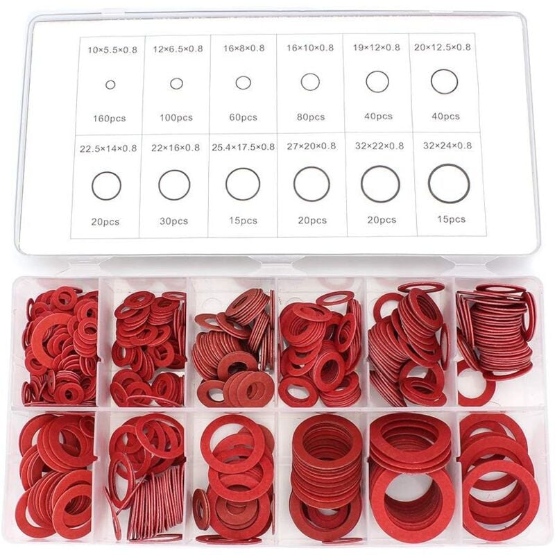 Fiber Washers Assortment, 600 Pcs Red Steel Paper Fiber Flat Washers Kit Assorted Insulation Gasket