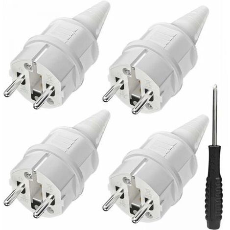 Fiche avec protection anti-pliage [4 pièces], 4 fiches de terre en caoutchouc (250 V/16 A) + 1 tournevis, convient pour une utilisation en extérieur