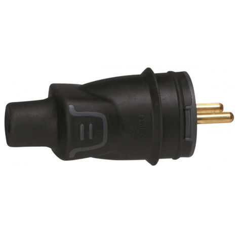Fiche caoutchouc noire  2p+t 16 a  connexion à vis sortie droite male