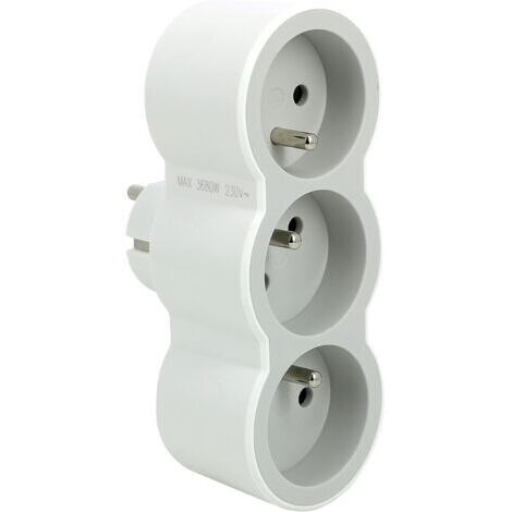 Fiche Multiprise Triplite - 3 Prises Frontales avec Terre - Positionnement Horizontal - Sécurité Enfant Intégrée - Blanc et Gris Clair