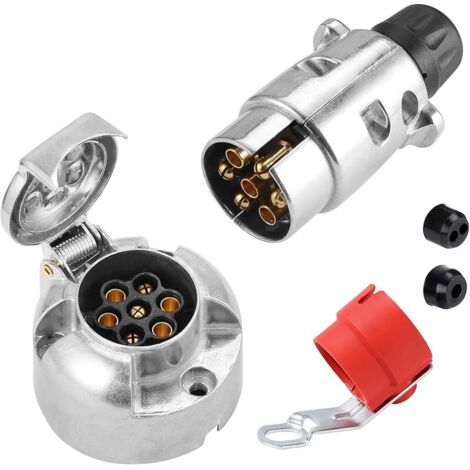 Fiche pour remorque 7 Broches et Prise de remorque 7 Broches en métal,12V Connecteur de remorque 7 Broches Male Femelle,Prise Attelage 7Broches Étanche,avec Support de fiche Rouge(SKM0702C)