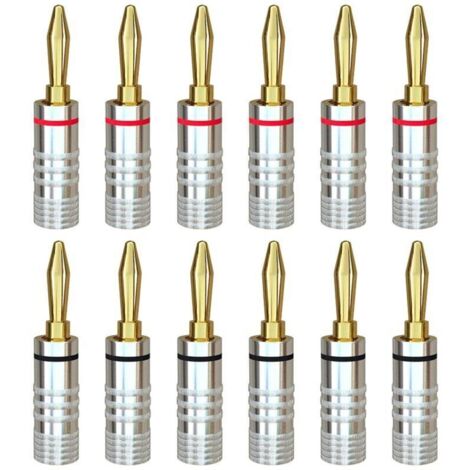 Fiches banane 6 paires de connecteurs de haut-parleur audio plaqués or 24 carats à verrouillage à vis pour fil de haut-parleur, plaques murales, récepteur audio/vidéo, systèmes audio, maison et cinéma