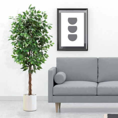 Ficus artificiel 180 cm, plantes artificielles grandes et réalistes avec tronc en bois naturel, grand arbre artificiel pour jardin, salon, chambre à coucher, bureau