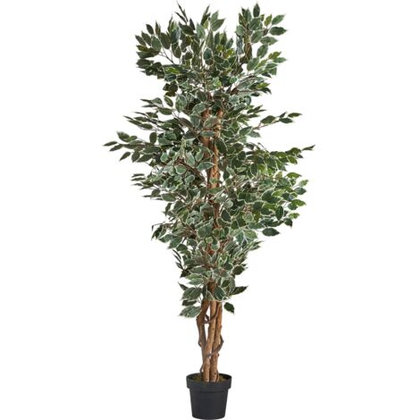 Ficus artificiel feuillage exotique style colonial vert naturel - Vert feuillage naturel et tronc marron