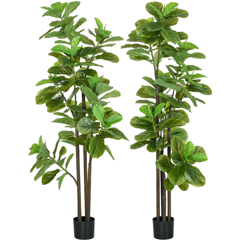 Homcom - Ficus Lutea artificiels 1,80H m - lot de 2 ficus artificiels - 120 feuilles réalistes par pied - pot inclus noir vert - Vert