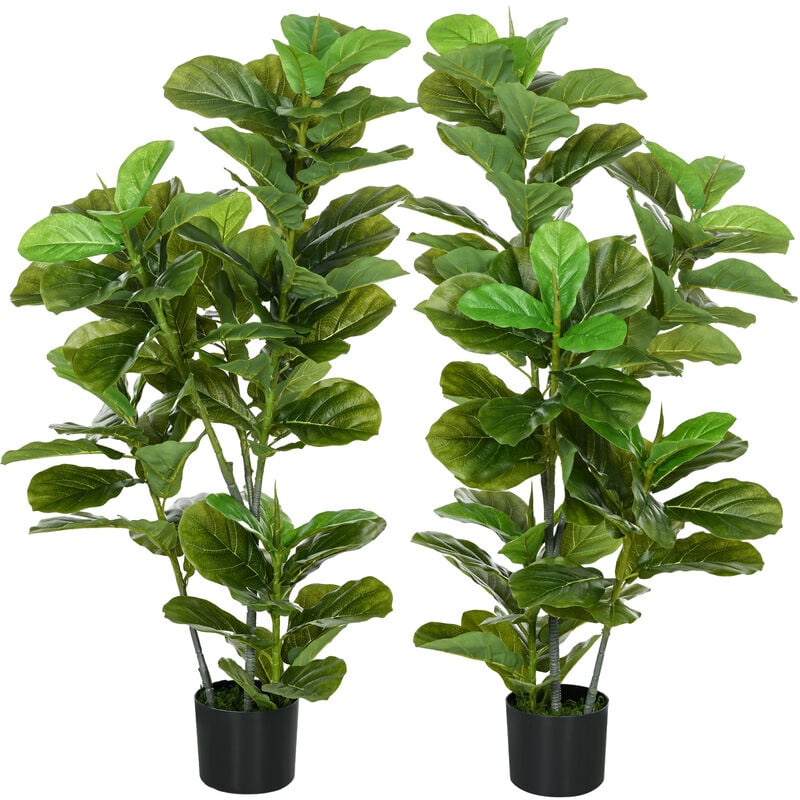 Homcom - Ficus Lutea artificiels 1,10H m - lot de 2 ficus artificiels - 90 feuilles réalistes par pied - pot inclus noir vert - Vert
