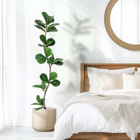 Ficus Lyrata artificiel en soie avec pot blanc - 150cm Plante de sol pour maison, bureau, salon, décoration d'intérieur, cadeau de pendaison de crémaillère
