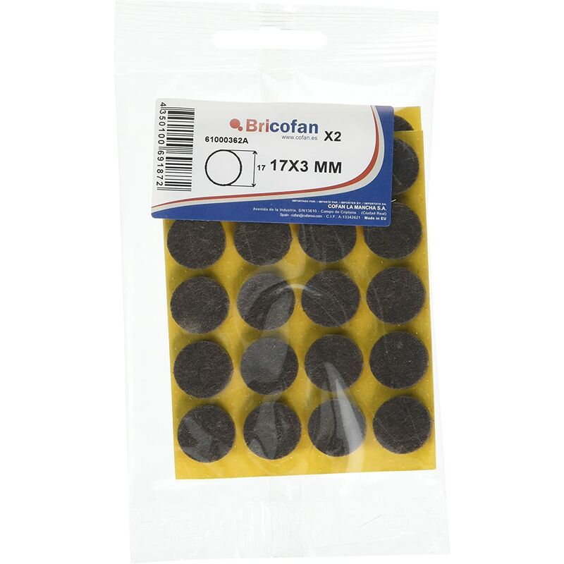 

Fieltros Redondos Color:#804000 Contenido Blister de 2 unidadesMedidas mm:17 x 3