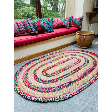 SUNDAR Oval Rug Braided with Recycled Fabric - L60 x W90 - Multicolour