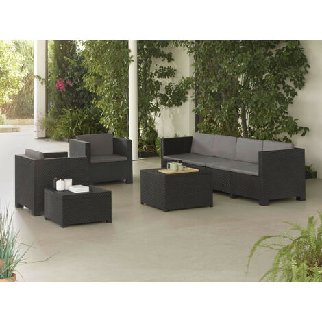 Figari - salon bas de jardin 6 places + 2 tables - modulable - en résine tressée injectée - noir avec coussins gris - Noir / Gris